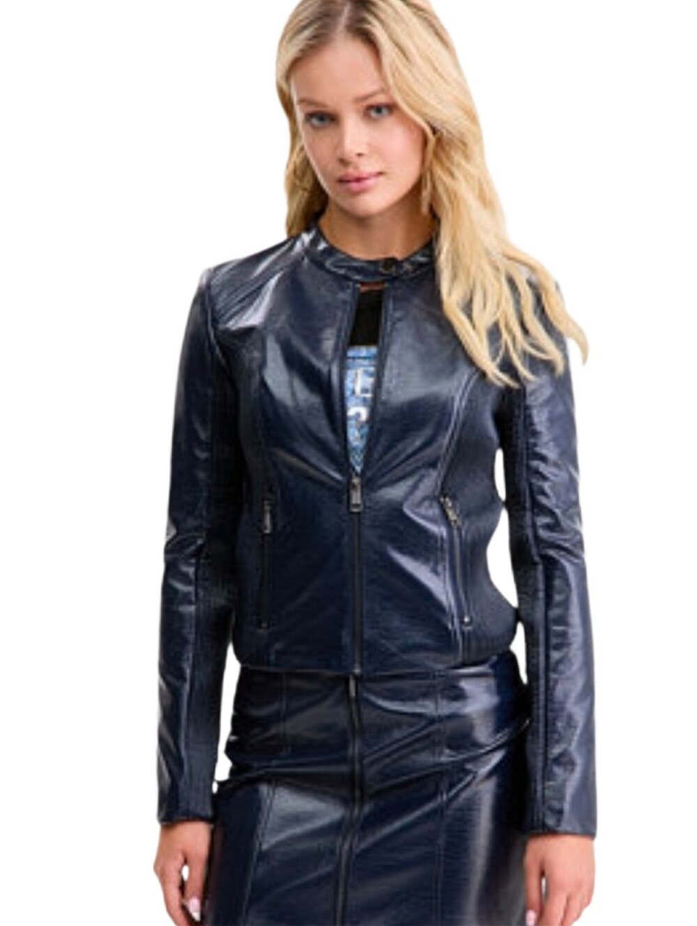 Guess Women's Nico Icy Faux Leather Jacket - Macy's Navy Blue Moto NEW Size XS